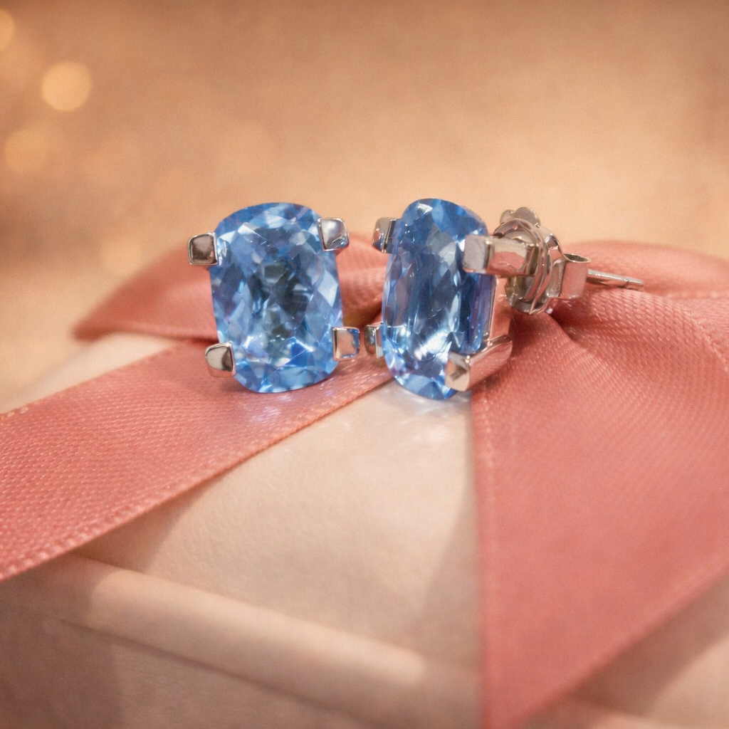 18ct White Gold Large Swiss Blue Topaz Stud Earrings Checkerboard Cushion Studs