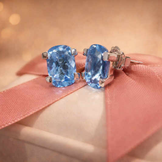 18ct White Gold Large Swiss Blue Topaz Stud Earrings Checkerboard Cushion Studs