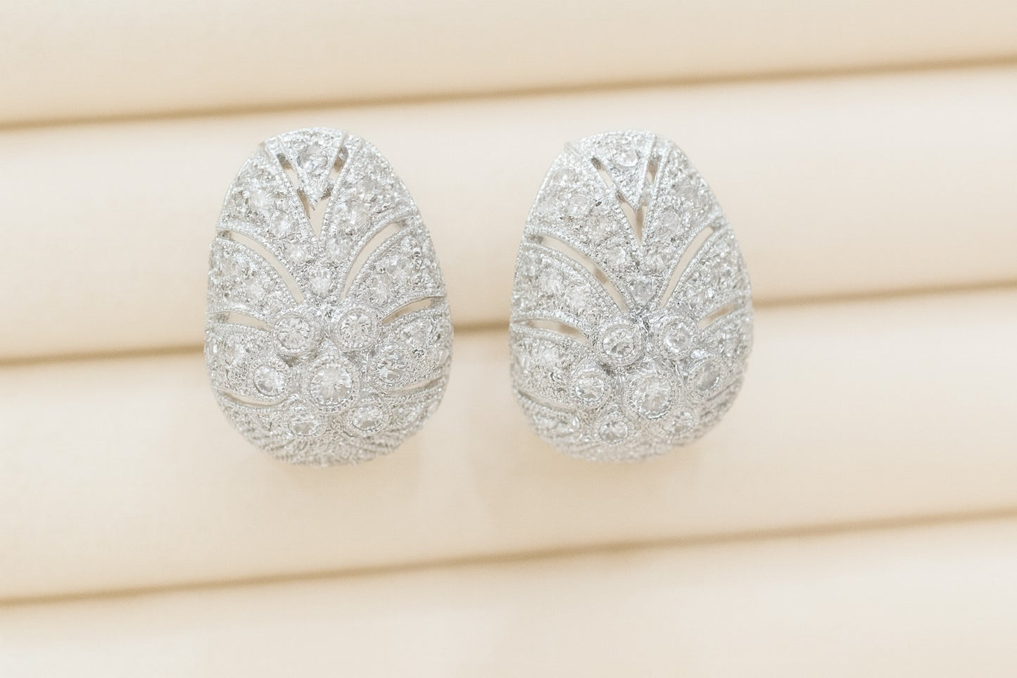 14ct White Gold Diamond Dome Cluster Earrings - 106 Natural Diamonds • Omega Backs