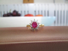 Load image into Gallery viewer, 18ct Yellow Gold Ruby &amp; Brilliant Cut Diamond Cluster Halo Ring
