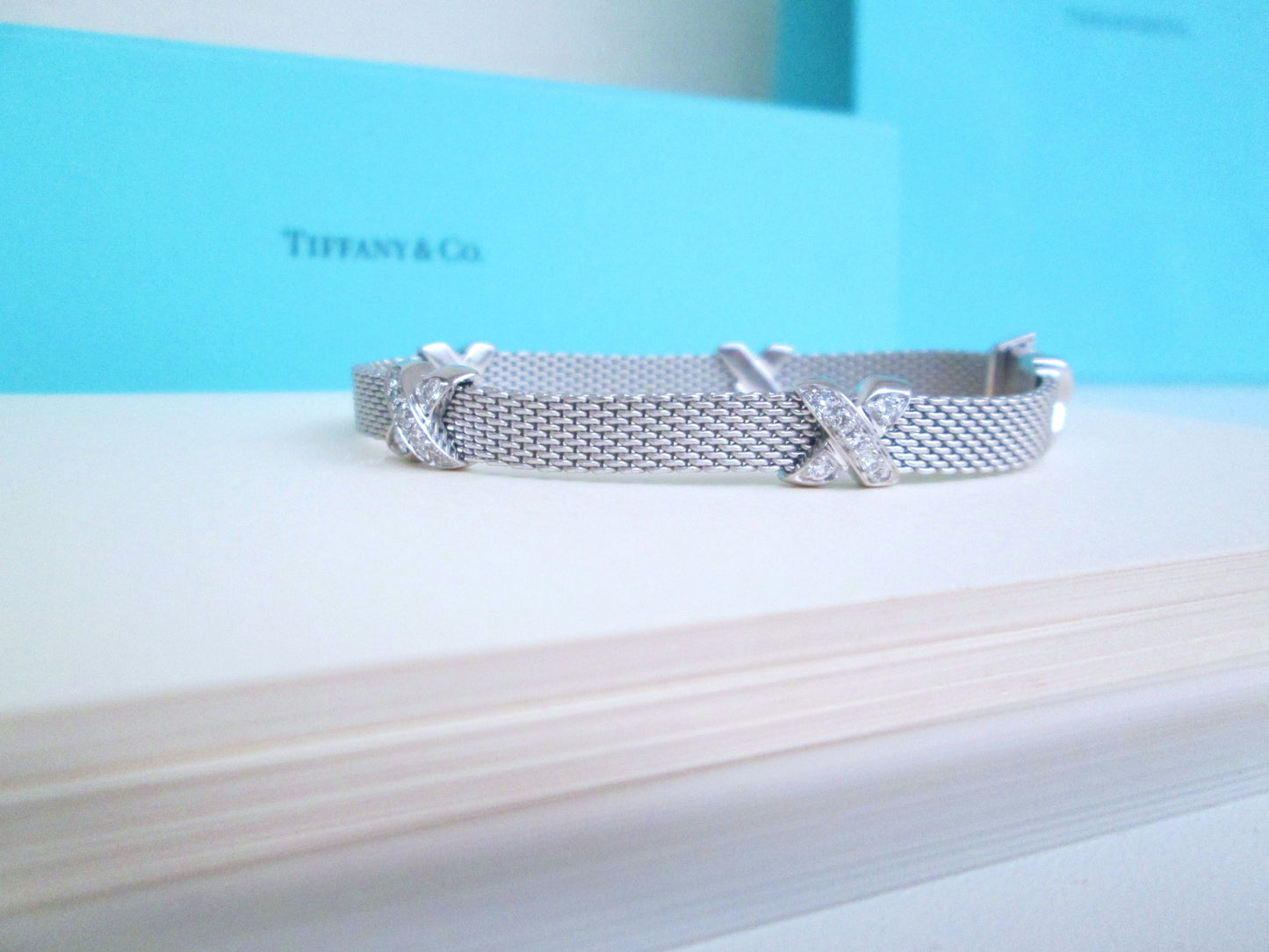 18ct White Gold Rare Designer Diamond Cross Mesh Bracelet