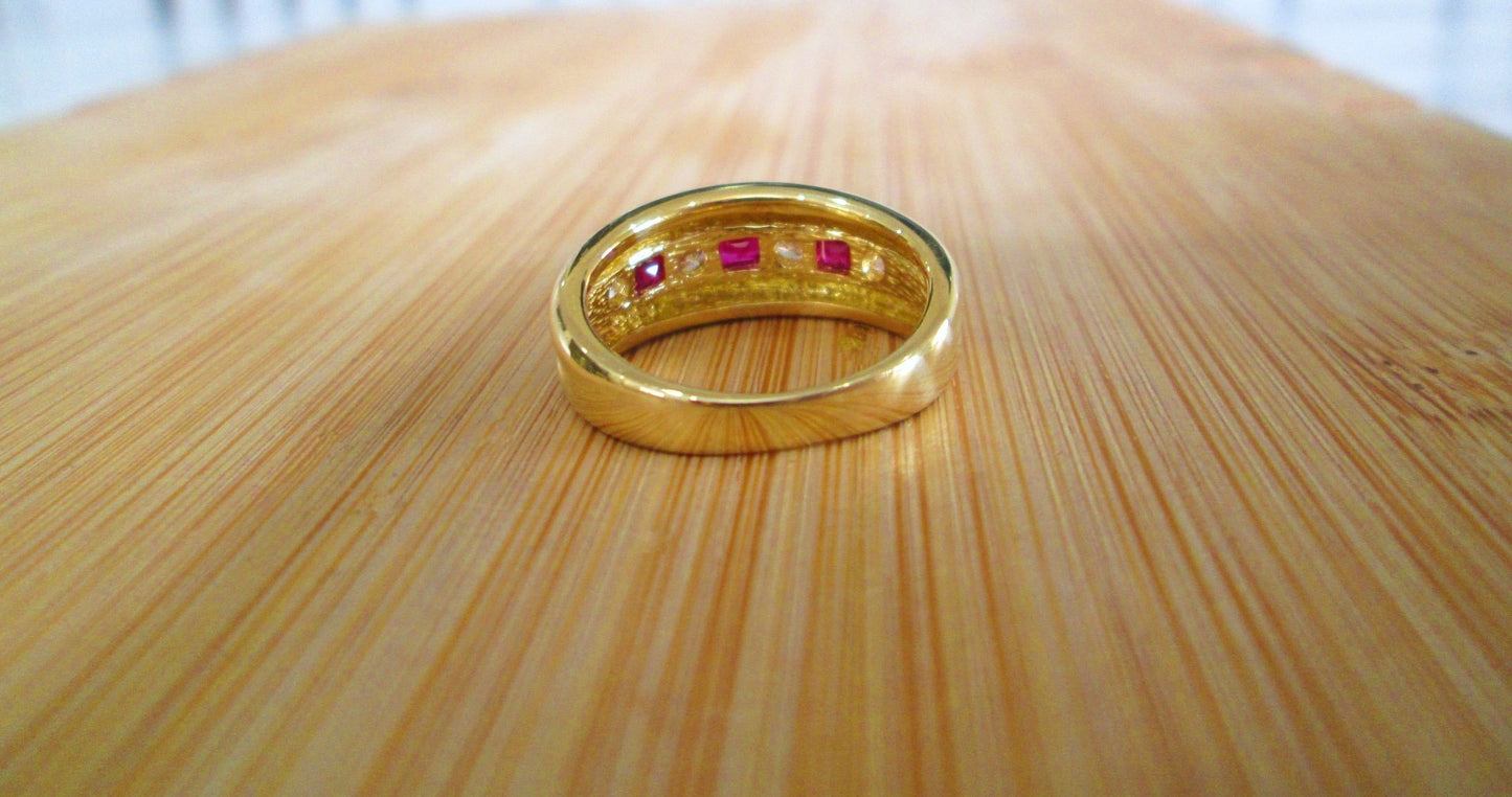 18ct Yellow Gold Ruby & Diamond Channel Set Chunky Half Eternity Ring