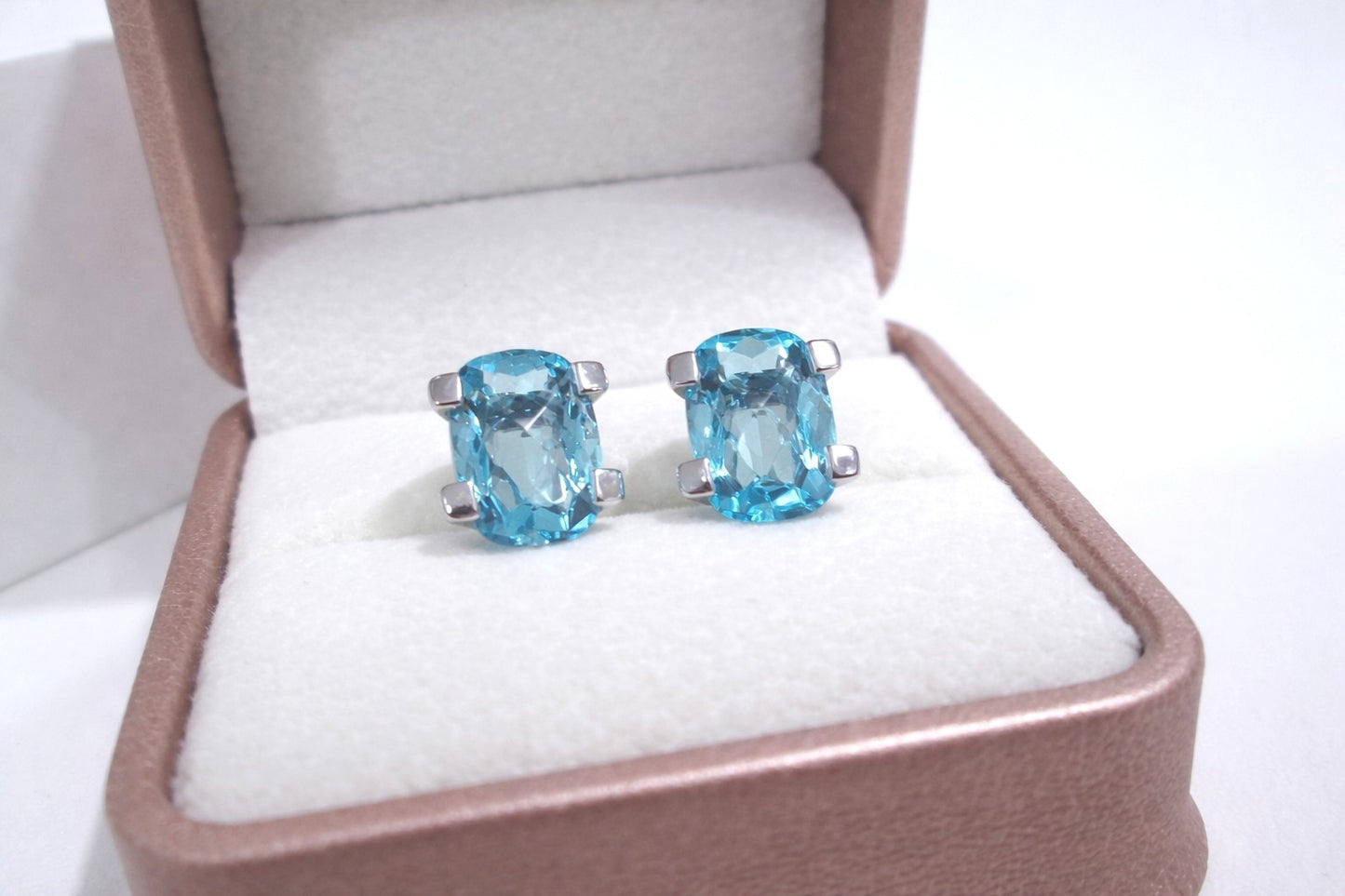18ct White Gold Large Swiss Blue Topaz Stud Earrings Checkerboard Cushion Studs