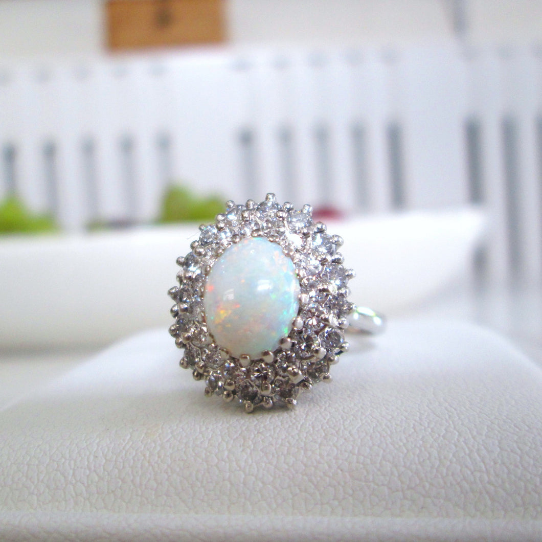 1970's 18ct White Gold 1.90ct Opal & Diamond Cluster Halo Ring