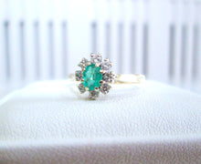Load image into Gallery viewer, 1980s 9ct Yellow Gold Oval Cut Emerald &amp; Diamond Cluster Halo Ring
