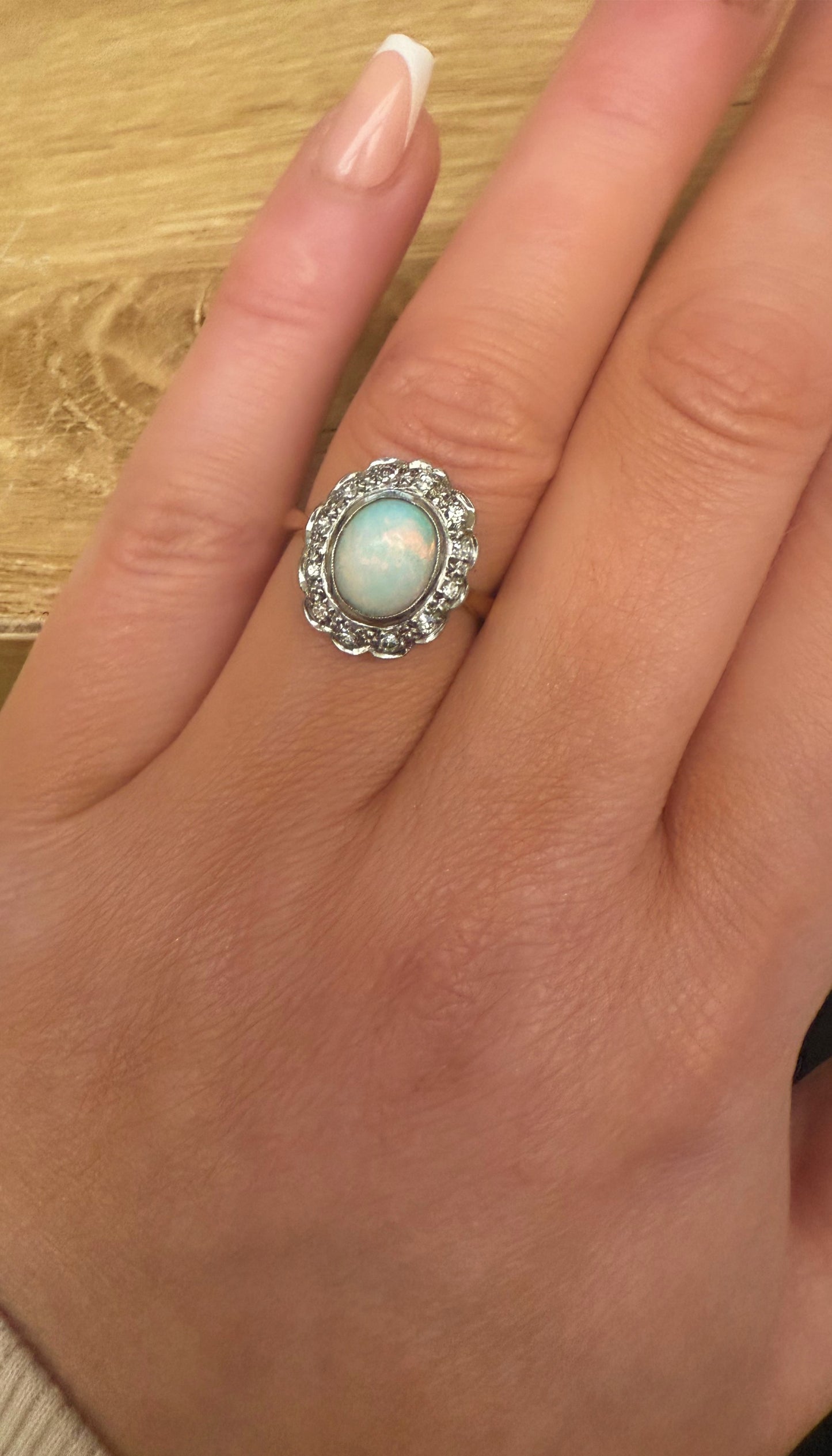 18ct Yellow Gold & Platinum Opal & Diamond Halo Cluster Ring