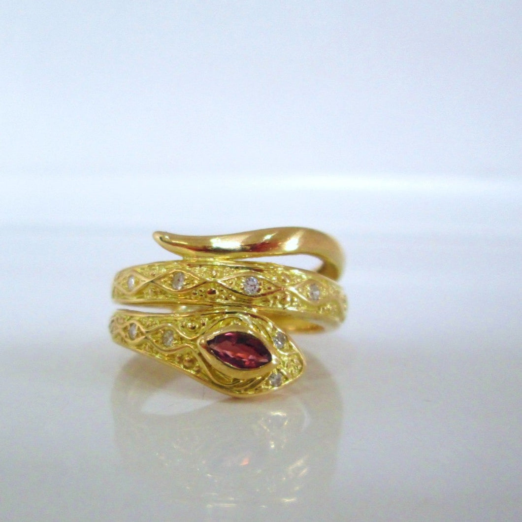 18ct Yellow Gold Marquise Cut Ruby & Diamond Serpent Snake Ring