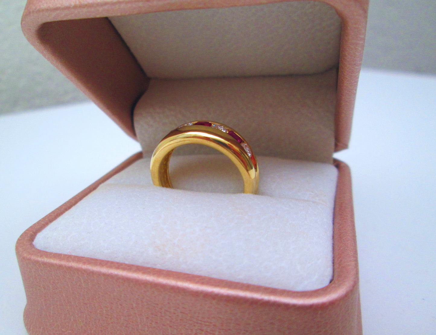 18ct Yellow Gold Ruby & Diamond Channel Set Chunky Half Eternity Ring