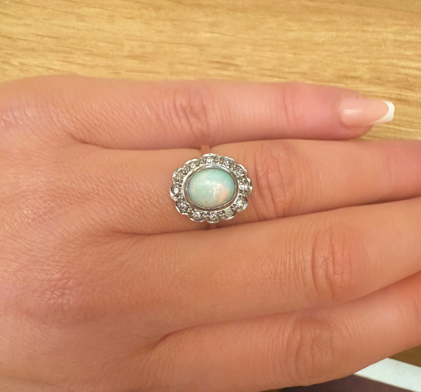 18ct Yellow Gold & Platinum Opal & Diamond Halo Cluster Ring