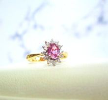 Load image into Gallery viewer, 18ct Yellow Gold Oval Cut Pink Sapphire &amp; Diamond Cluster Halo Ring
