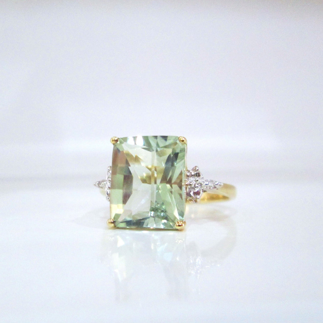 9ct Yellow Gold Octagon Cut Green Amethyst Prasiolite & Diamond Ring