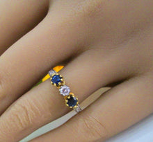 Load image into Gallery viewer, 18ct Yellow Gold Round Brilliant Cut Diamond &amp; Sapphire Trilogy Ring
