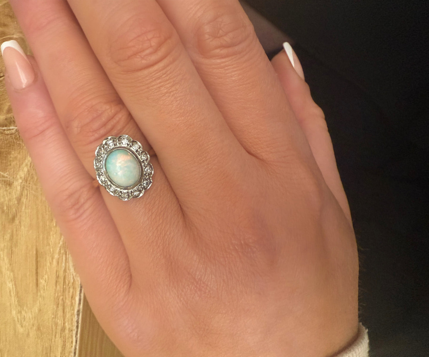 18ct Yellow Gold & Platinum Opal & Diamond Halo Cluster Ring