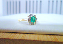 Load image into Gallery viewer, 1980s 9ct Yellow Gold Oval Cut Emerald &amp; Diamond Cluster Halo Ring
