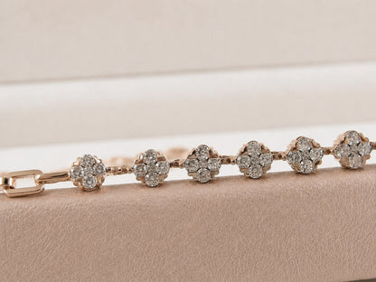 18ct Rose Gold Natural Diamond Floral Clover Cluster Bar Chain Bracelet
