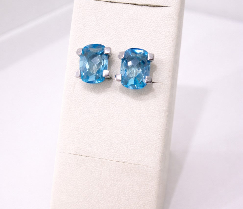 18ct White Gold Large Swiss Blue Topaz Stud Earrings Checkerboard Cushion Studs