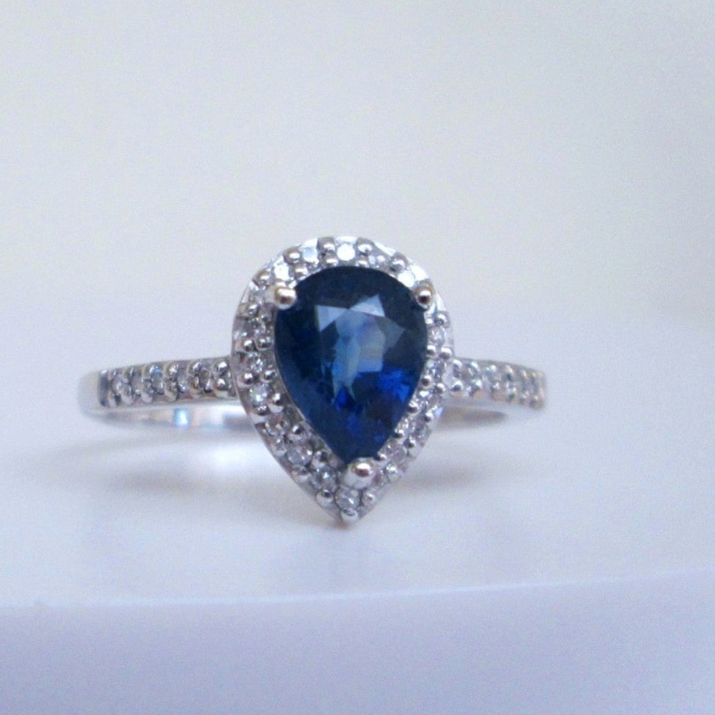 18ct White Gold Pear Cut Sapphire & Diamond Halo Ring
