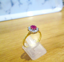 Load image into Gallery viewer, 18ct Yellow Gold Ruby &amp; Brilliant Cut Diamond Cluster Halo Ring
