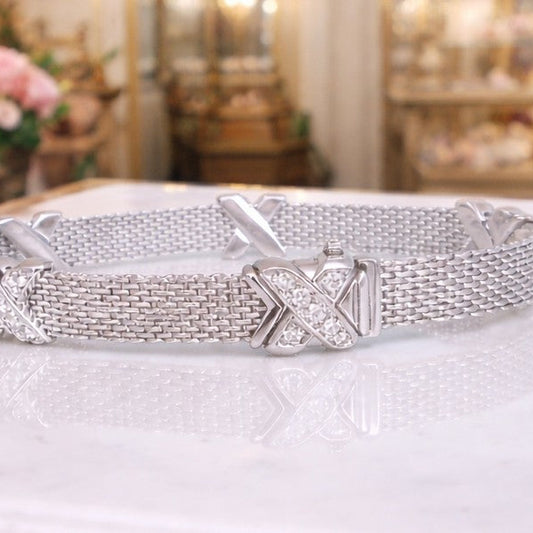 18ct White Gold Rare Designer Diamond Cross Mesh Bracelet