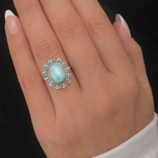 18ct Yellow Gold & Platinum Opal & Diamond Halo Cluster Ring