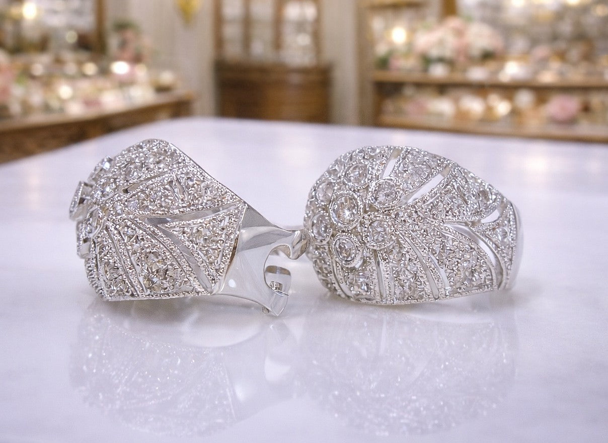 14ct White Gold Diamond Dome Cluster Earrings - 106 Natural Diamonds • Omega Backs