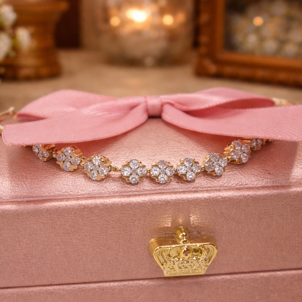 18ct Rose Gold Natural Diamond Floral Clover Cluster Bar Chain Bracelet