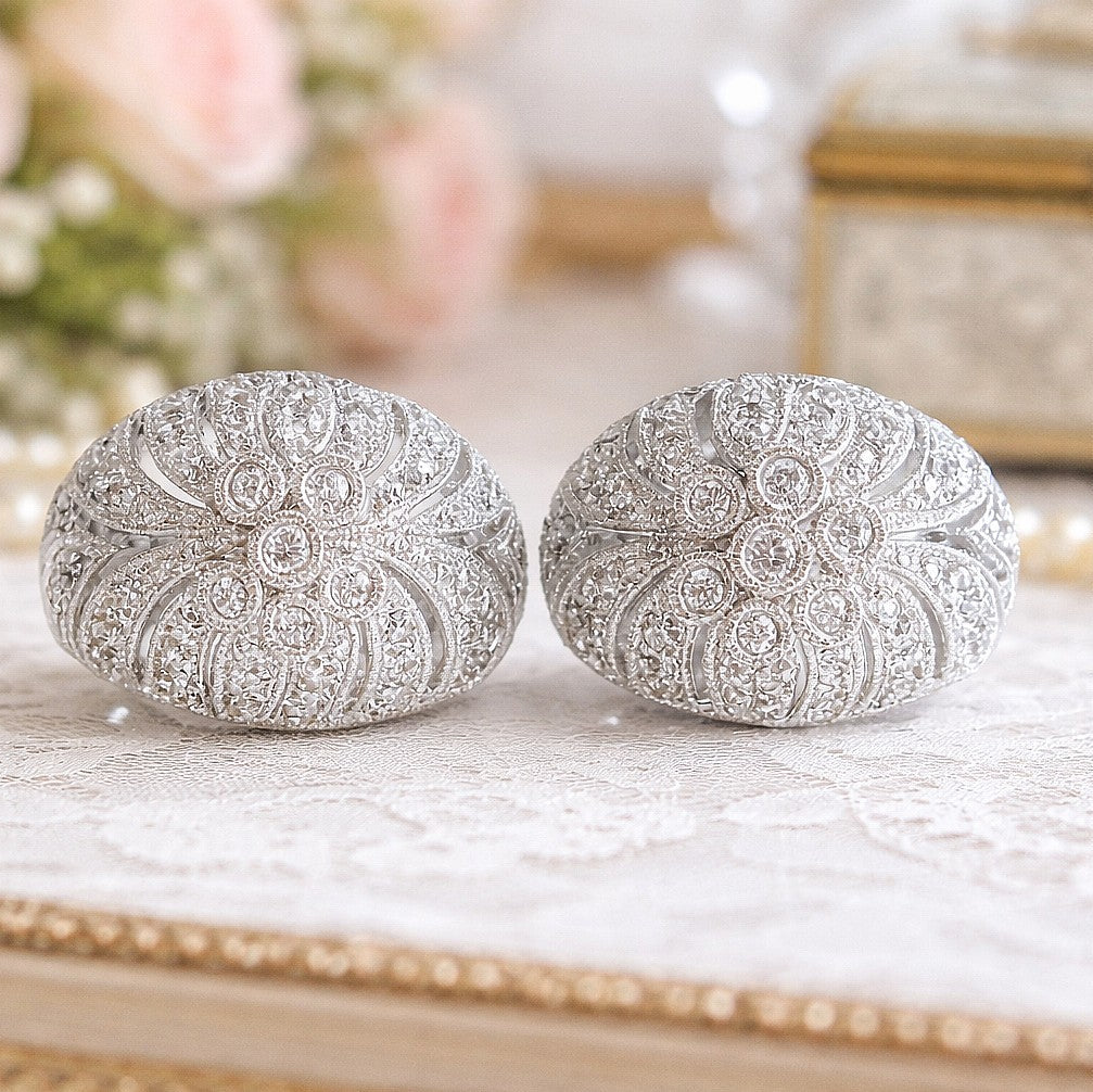 14ct White Gold Diamond Dome Cluster Earrings - 106 Natural Diamonds • Omega Backs