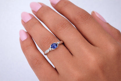 9ct White Gold 3 Stone Bezel Set Blue Sapphire & Diamond Trilogy Ring