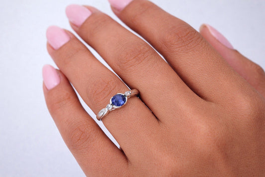 9ct White Gold 3 Stone Bezel Set Blue Sapphire & Diamond Trilogy Ring