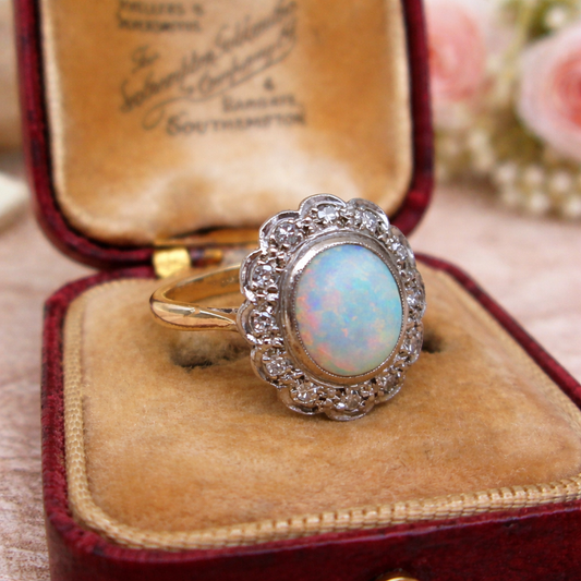 18ct Yellow Gold & Platinum Opal & Diamond Halo Cluster Ring