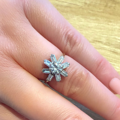 Vintage 14ct Yellow Gold Diamond Cluster Starburst Ring Baguette & Transitional Cut 14k