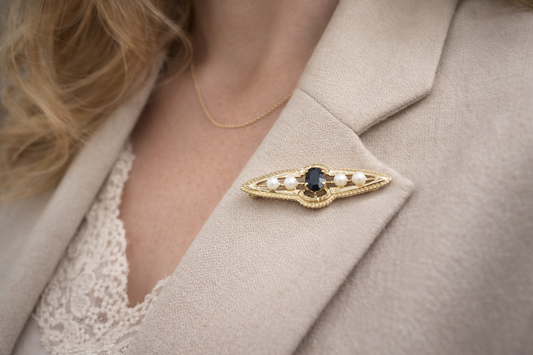 Edwardian-Style 9ct Yellow Gold Sapphire & Pearl Bar Pin Brooch