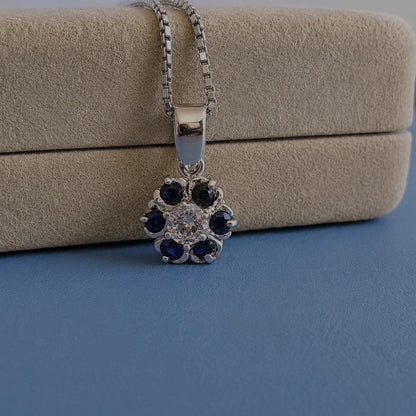 Vintage 18ct White Gold Sapphire & Diamond Cluster Pendant Necklace