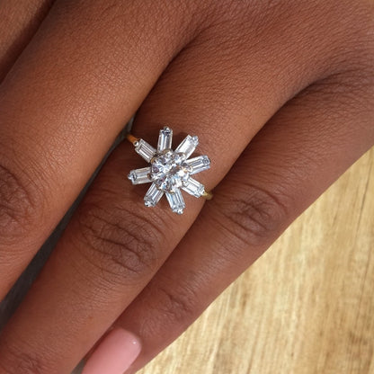 Vintage 14ct Yellow Gold Diamond Cluster Starburst Ring Baguette & Transitional Cut 14k