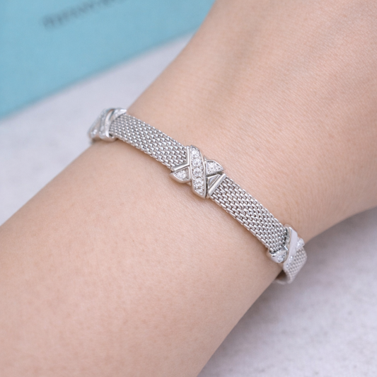 18ct White Gold Rare Designer Diamond Cross Mesh Bracelet