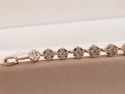 18ct Rose Gold Natural Diamond Floral Clover Cluster Bar Chain Bracelet