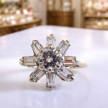 Vintage 14ct Yellow Gold Diamond Cluster Starburst Ring Baguette & Transitional Cut 14k