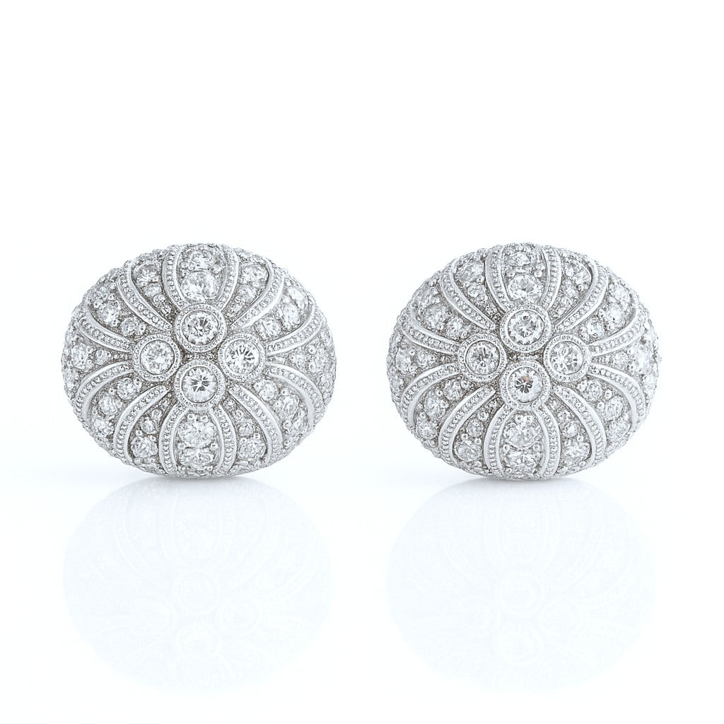 14ct White Gold Diamond Dome Cluster Earrings - 106 Natural Diamonds • Omega Backs