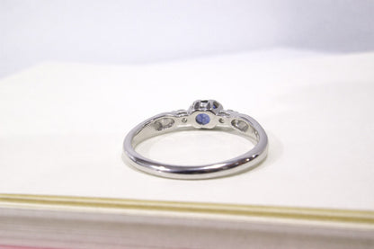 9ct White Gold 3 Stone Bezel Set Blue Sapphire & Diamond Trilogy Ring