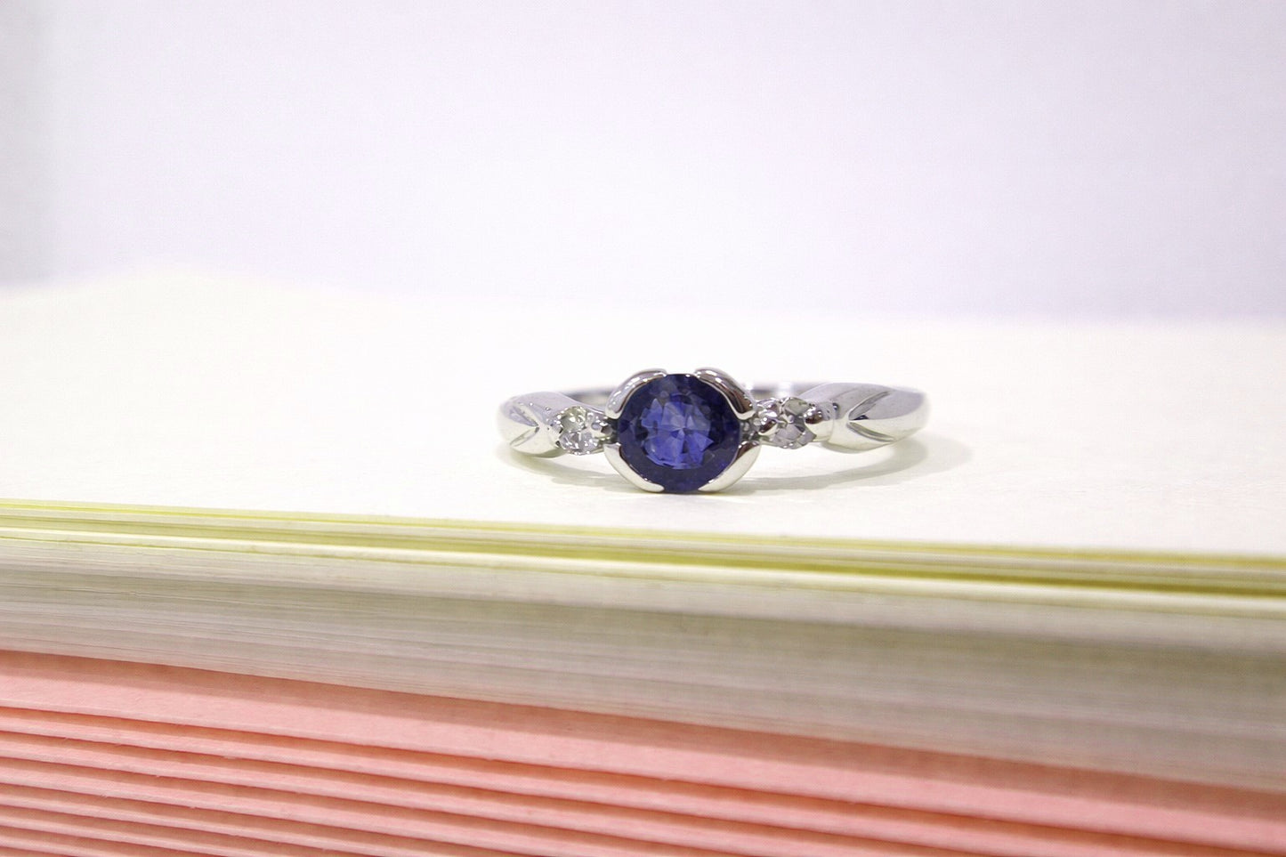 9ct White Gold 3 Stone Bezel Set Blue Sapphire & Diamond Trilogy Ring
