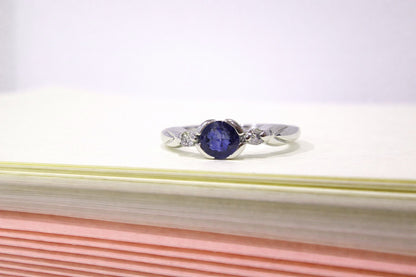 9ct White Gold 3 Stone Bezel Set Blue Sapphire & Diamond Trilogy Ring