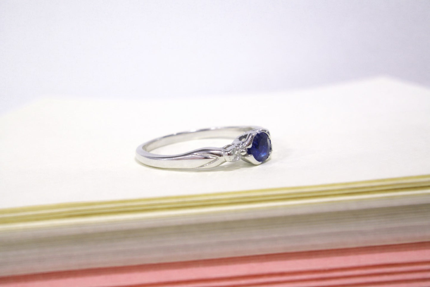 9ct White Gold 3 Stone Bezel Set Blue Sapphire & Diamond Trilogy Ring