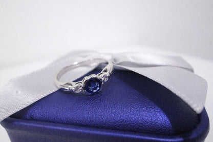 9ct White Gold 3 Stone Bezel Set Blue Sapphire & Diamond Trilogy Ring