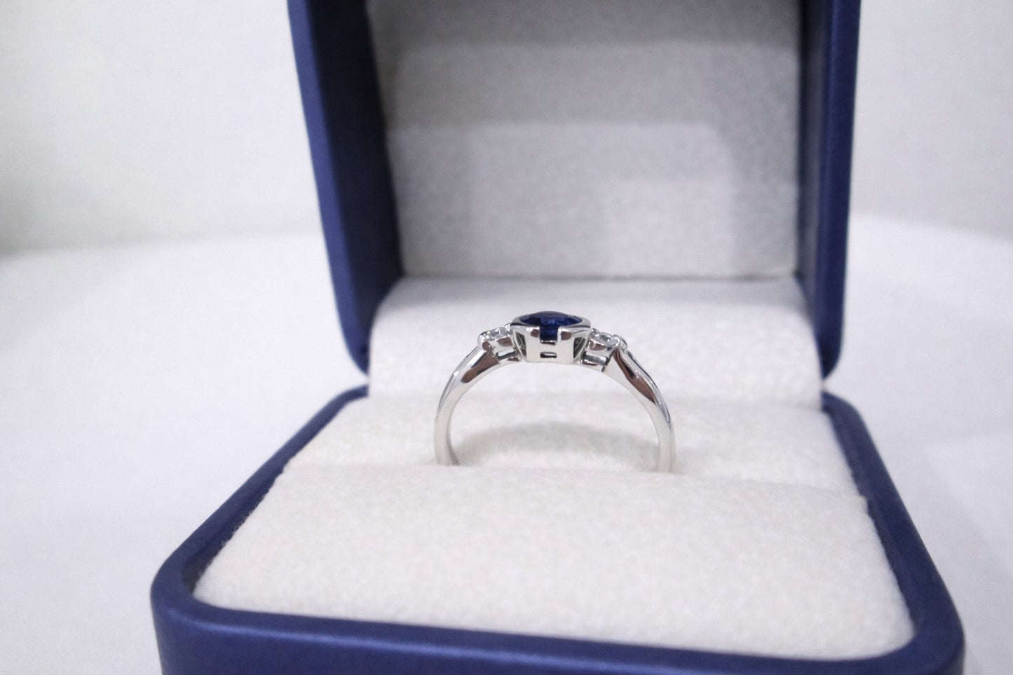 9ct White Gold 3 Stone Bezel Set Blue Sapphire & Diamond Trilogy Ring