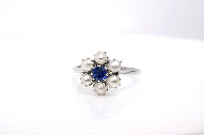 18ct White Gold & Platinum Sapphire & Pearl Daisy Cluster Ring