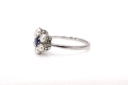 18ct White Gold & Platinum Sapphire & Pearl Daisy Cluster Ring