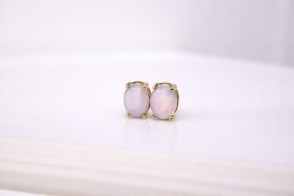 14ct Yellow Gold Oval Cabochon Opal Stud Earrings 18ct Butterfly Backs
