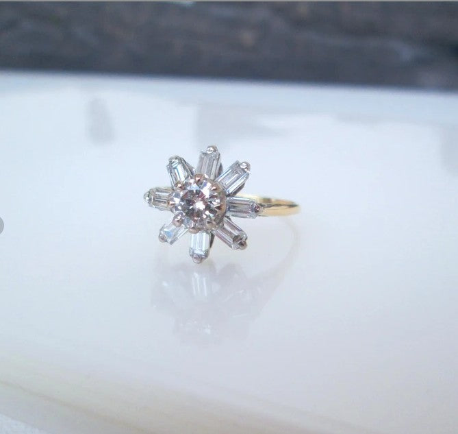 14ct Yellow Gold Diamond Cluster Ring Vintage Baguette & Transitional Cut 14k