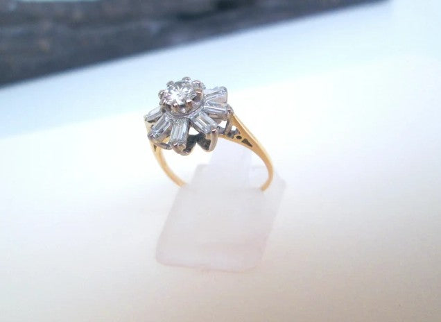 14ct Yellow Gold Diamond Cluster Ring Vintage Baguette & Transitional Cut 14k