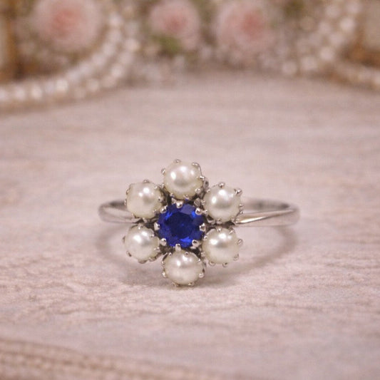 18ct White Gold & Platinum Sapphire & Pearl Daisy Cluster Ring